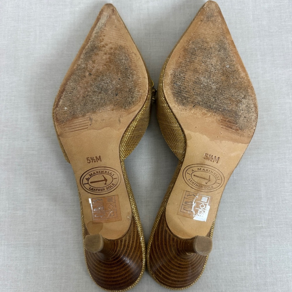 A. Marinelli Women's 5.5M Kitten Heel Mules Gold Beaded Pointed Toe Shell Shoes - Picture 6 of 7